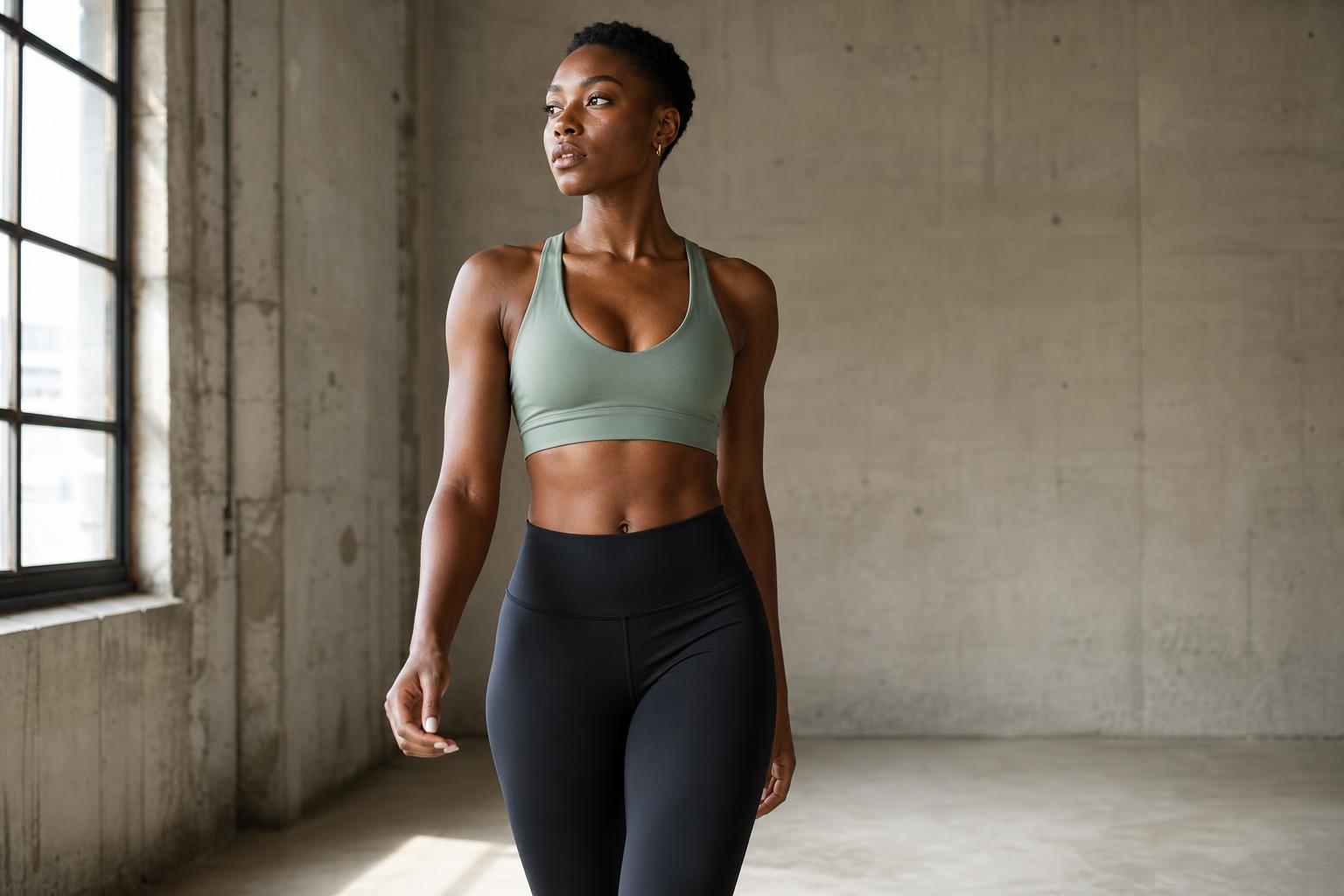 A woman stretching in Kechelle terracotta activewear